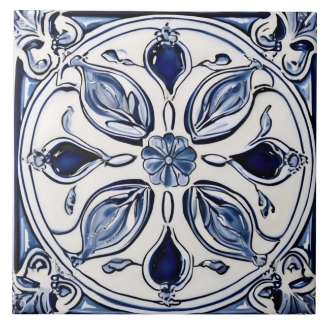 Blue & White Flower Leaves Symmetrical Folk Art Tile (Front)