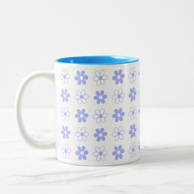 Blue & White Flower Pattern on White Two-Tone Coff Two-Tone Coffee Mug (Left)