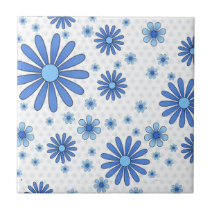 Blue & White Flower Power Retro Floral Tile