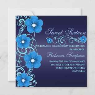 Blue/White Flower Swirl Sweet16 Birthday Invite