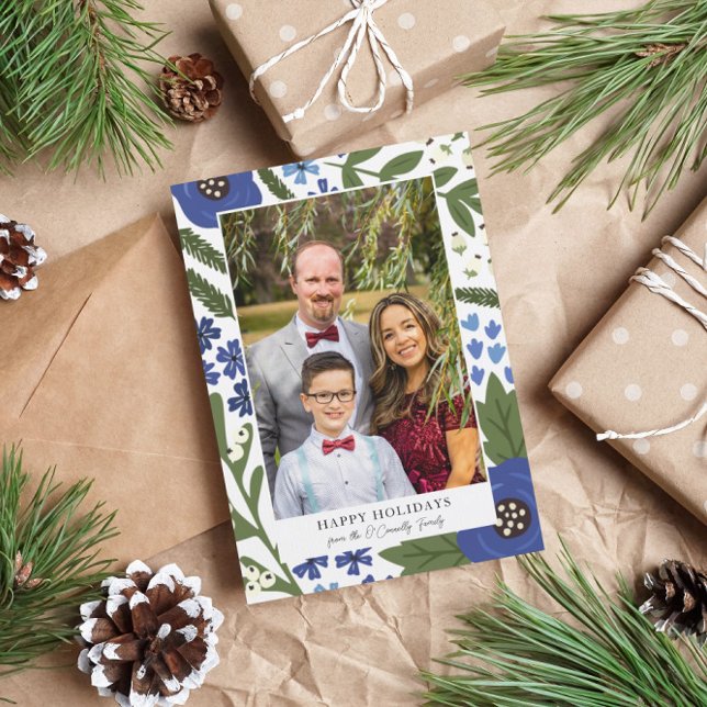 Blue White Flowers & Berries Happy Holidays Photo Holiday Card (Creator Uploaded)