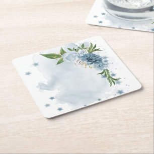 blue & white flowers botanical square paper coaster