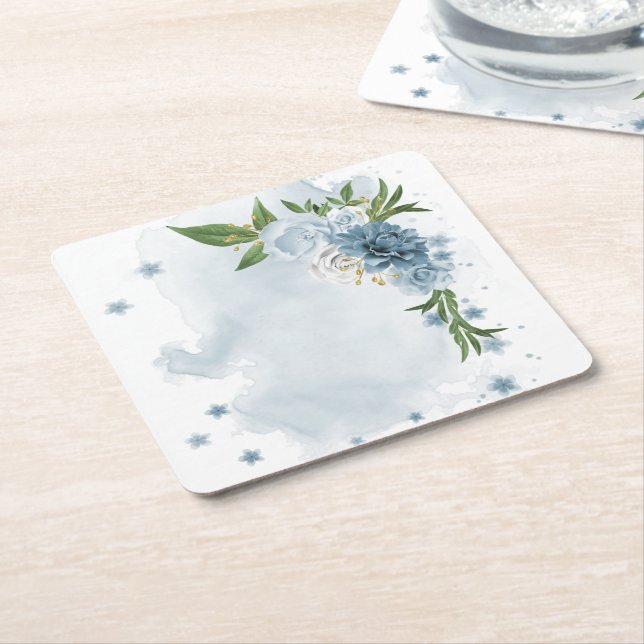 blue & white flowers botanical  square paper coaster (Angled)