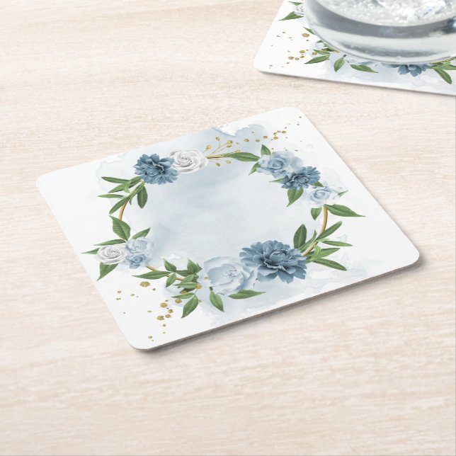 blue & white flowers botanical square paper coaster (Angled)