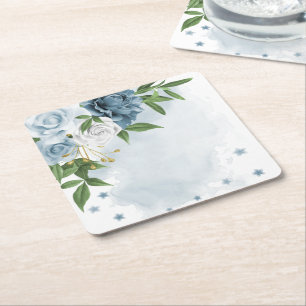 blue & white flowers botanical wedding square paper coaster
