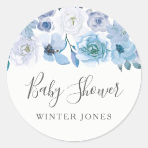 Blue White Flowers Boy or girl Baby Shower Favour Classic Round Sticker