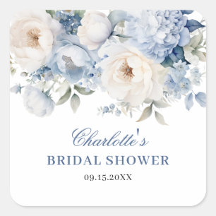 Blue & White Flowers Bridal Shower  Square Sticker