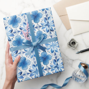Blue White Flowers Bridal Shower Wrapping Paper