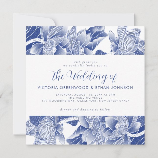 Blue White Flowers Chinoiserie Chic Square Wedding Invitation (Front)