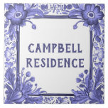Blue & White Flowers Custom House Name Plate Sign Tile<br><div class="desc">"custom house name plate", "personalised house name plaque", "personal customised text sign", "colourful flower casa ceramic tile", "pretty floral antique flowers", "blue and white vintage botanical", "traditional delft monochrome nature", "last family name surname", "pretty beautiful european home signage", "decorative country garden villa cottage"</div>