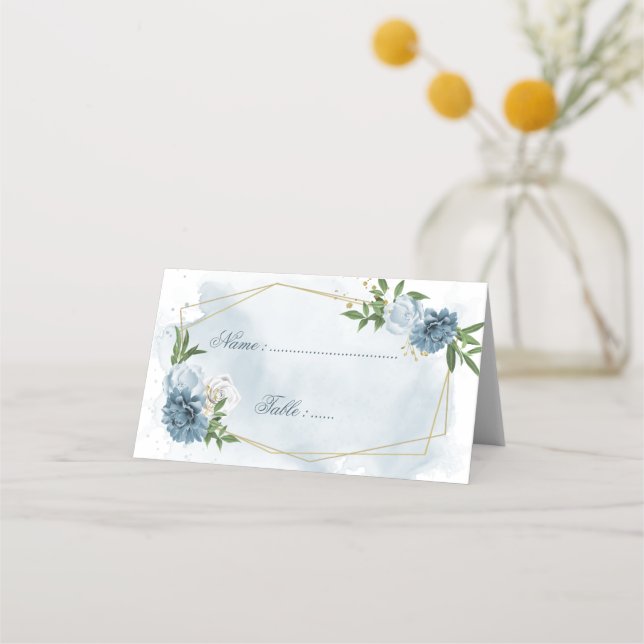 blue & white flowers green leaves geometric place card (Front)
