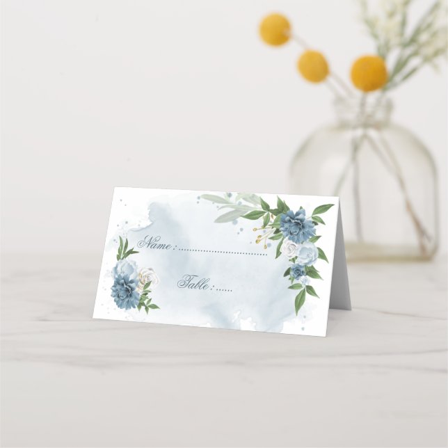 blue & white flowers green leaves  place card (Front)