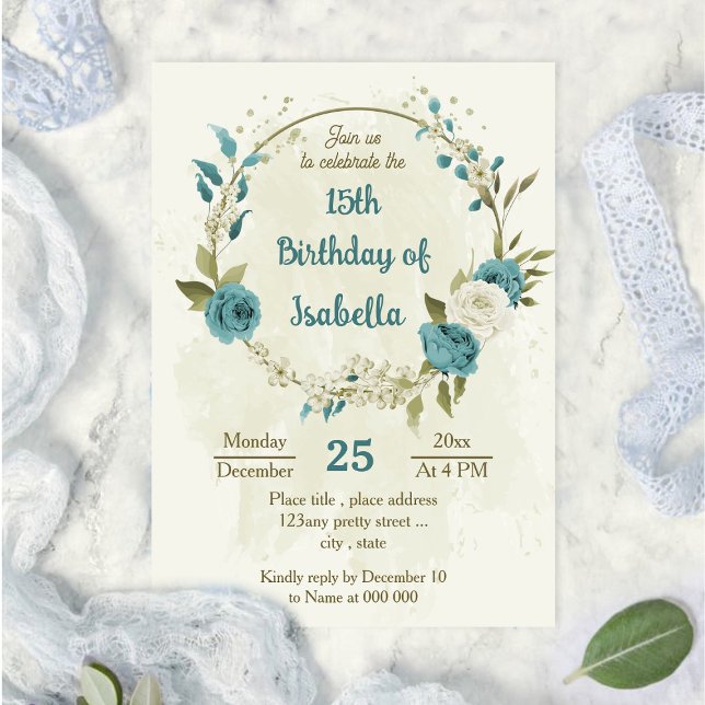 blue white flowers greenery birthday invitation (Creator Uploaded)