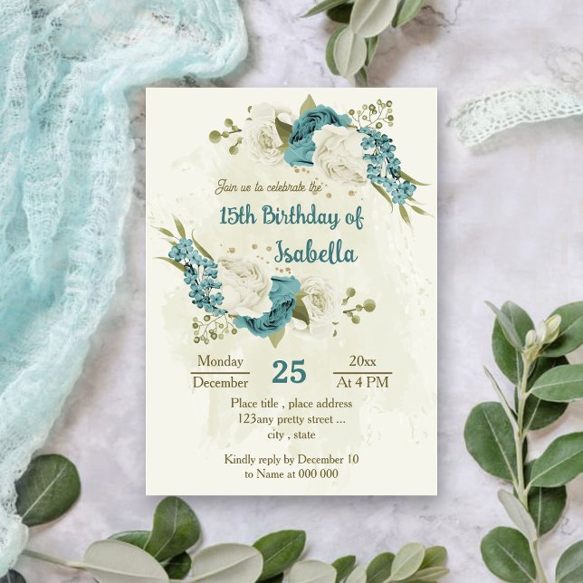 blue white flowers greenery birthday invitation (Creator Uploaded)