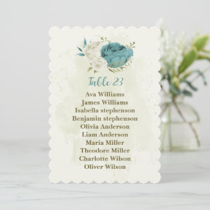 blue white flowers greenery seating chart card