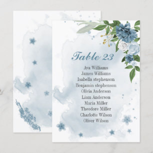 blue white flowers greenery seating chart card