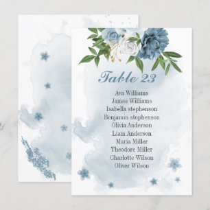 blue white flowers greenery seating chart card