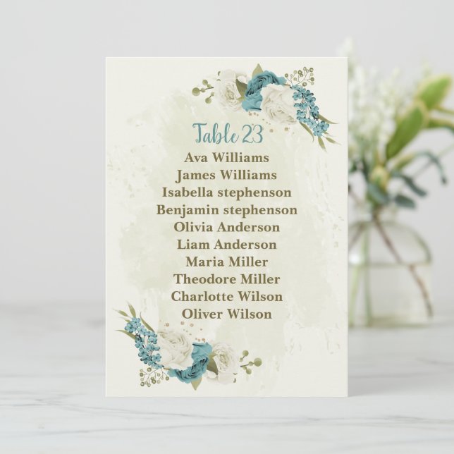 blue white flowers greenery seating chart card (Standing Front)