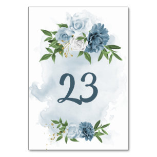blue & white flowers greenery  table number