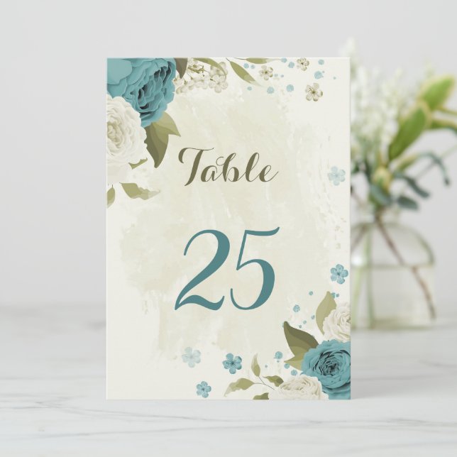 blue white flowers greenery table number card (Standing Front)