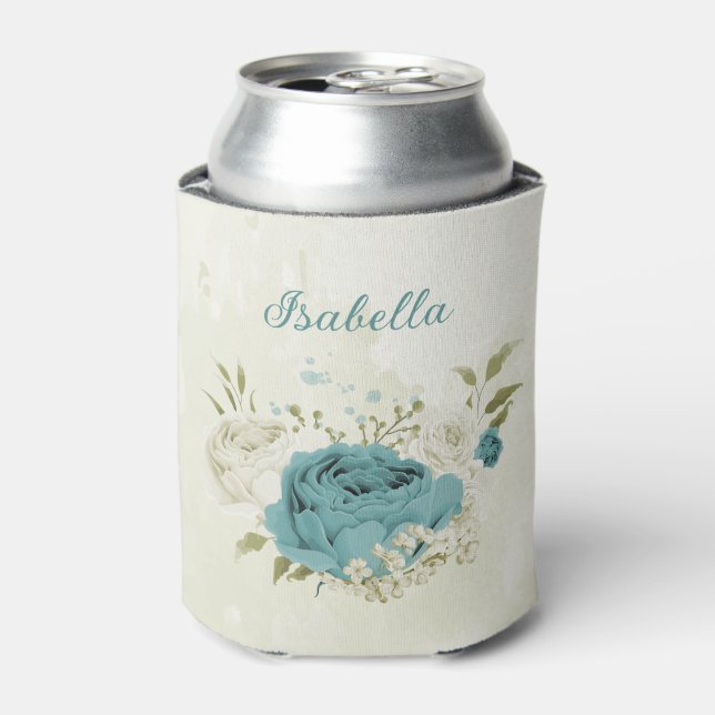 blue white flowers greenery wedding can cooler (Can Front)