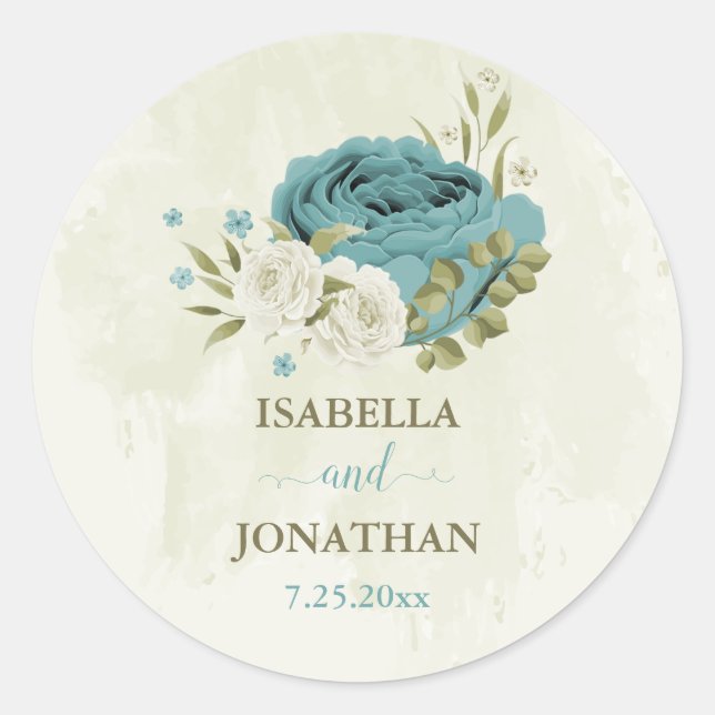 blue white flowers greenery wedding classic round sticker (Front)