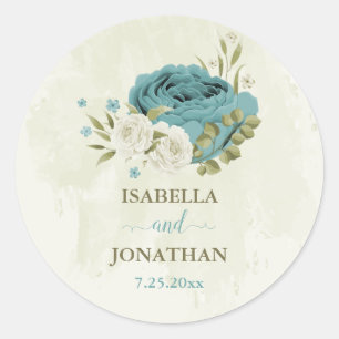 blue white flowers greenery wedding classic round sticker