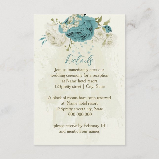 blue white flowers greenery wedding details enclosure card (Front)