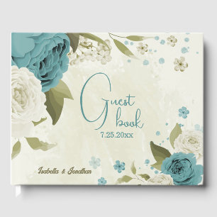 blue white flowers greenery wedding guest book