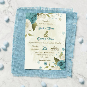blue white flowers greenery wedding invitation