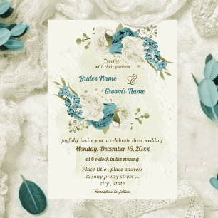 blue white flowers greenery wedding invitation