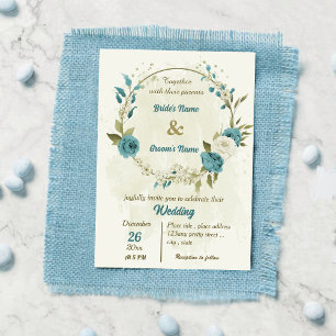 blue white flowers greenery wedding invitation