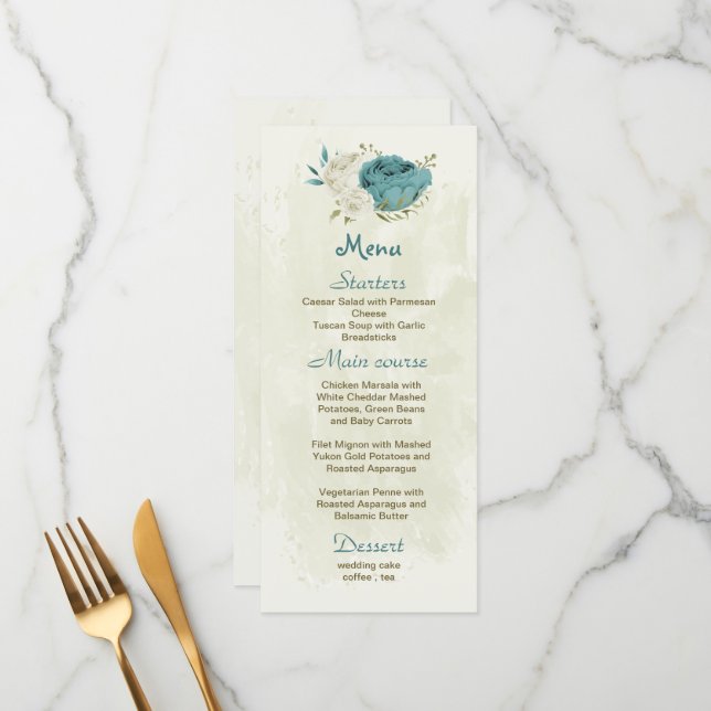 blue white flowers greenery wedding menu (Front/Back In Situ)