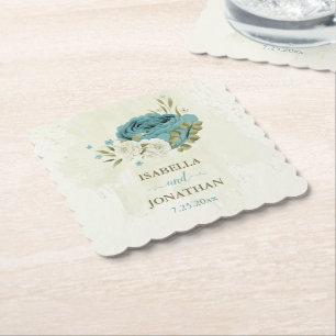 blue white flowers greenery wedding paper coaster