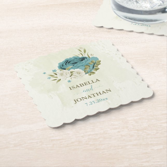 blue white flowers greenery wedding paper coaster (Angled)