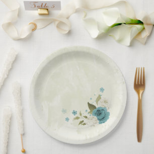 blue white flowers greenery wedding paper plate