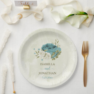 blue white flowers greenery wedding paper plate