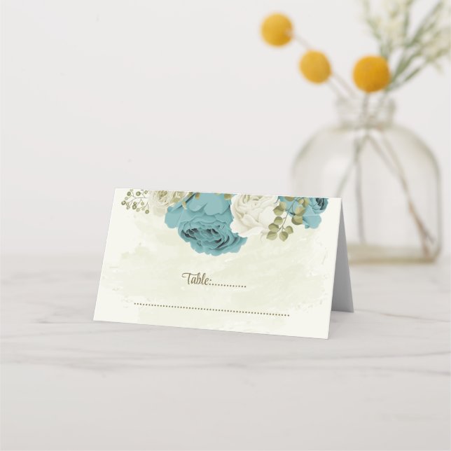blue white flowers greenery wedding place card (Front)