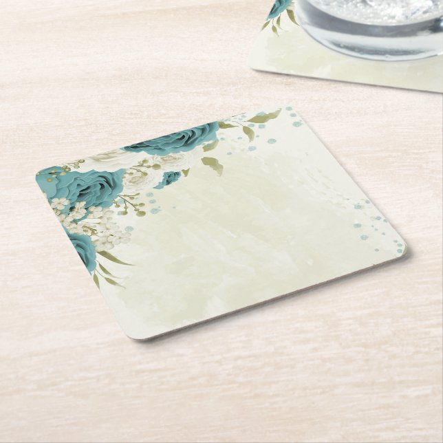 blue white flowers greenery wedding square paper coaster (Angled)