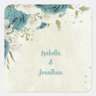 blue white flowers greenery wedding square sticker