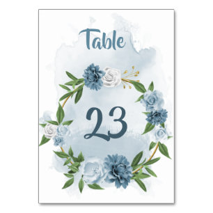 blue & white flowers greenery wreath table number