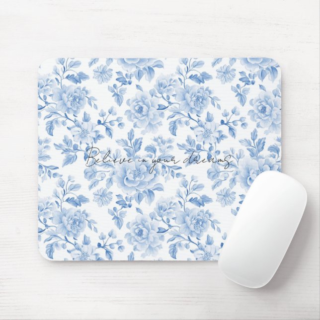 Blue White Flowers Mouse Mat (With Mouse)