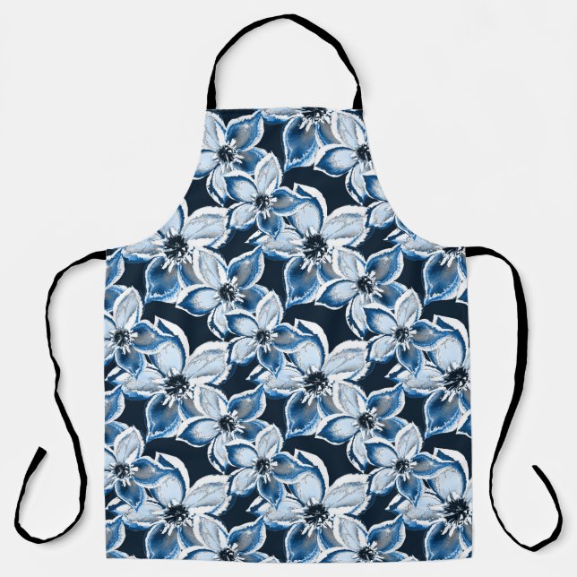  Blue, white flowers on a black background.  Apron (Front)