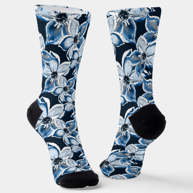  Blue, white flowers on a black background.  Socks (Angled)