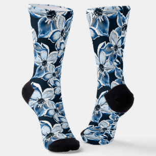 Blue, white flowers on a black background. Socks