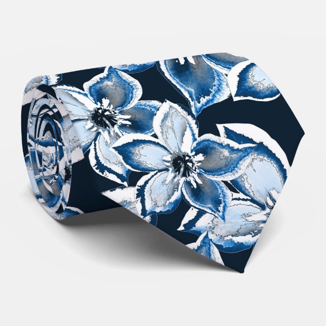  Blue, white flowers on a black background.  Tie (Rolled)