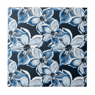 Blue, white flowers on a black background. Tile