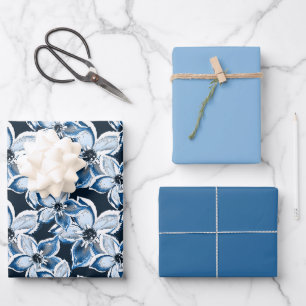 Blue, white flowers on a black background. Wrapping Paper Sheet