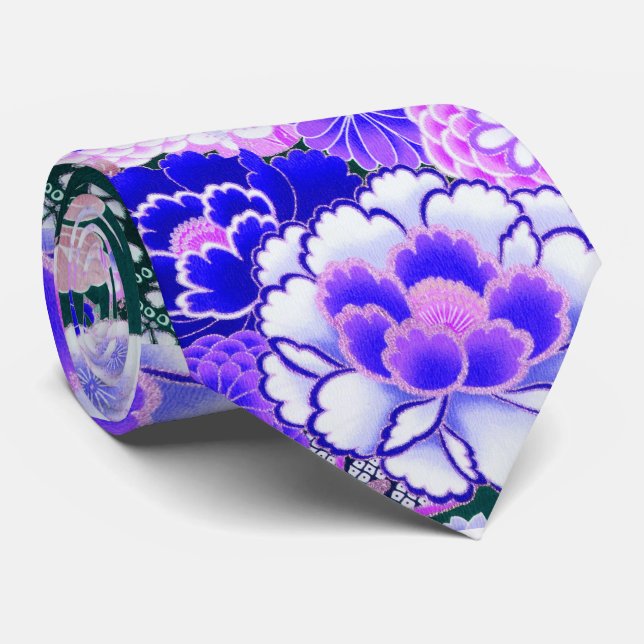 BLUE WHITE FLOWERS Peony,Roses Japanese Floral Tie (Rolled)