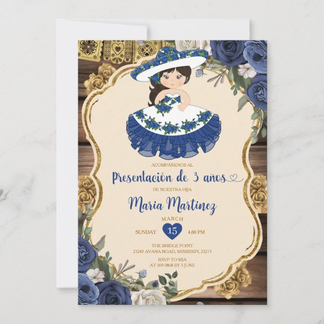 Blue & White Flowers Presentación De Tres Años Invitation (Front)